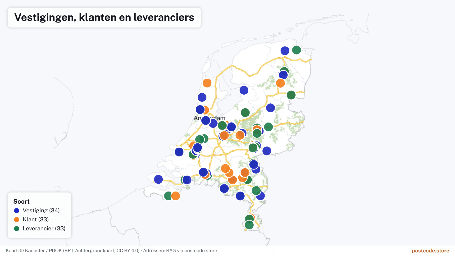 Voorbeeld: een kaart van Nederland met gekleurde punten per categorie, een titel en een legenda